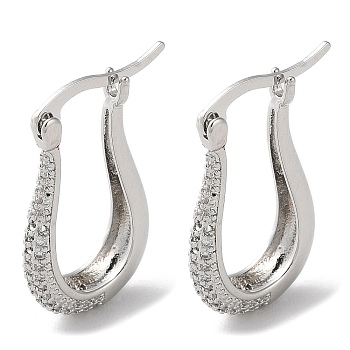 Teardrop Brass Cubic Zirconia Hoop Earrings, Long-Lasting Plated, Lead Free & Cadmium Free, Platinum, 25.5x15.5x4mm