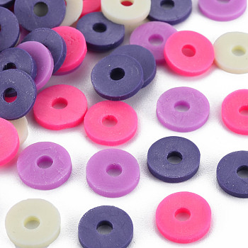 4 Colors Handmade Polymer Clay Beads, Heishi Beads, Disc/Flat Round, Dark Slate Blue & Deep Pink & Medium Orchid & Beige, 8x0.5~1.5mm, Hole: 2mm, about 11500pcs/1000g