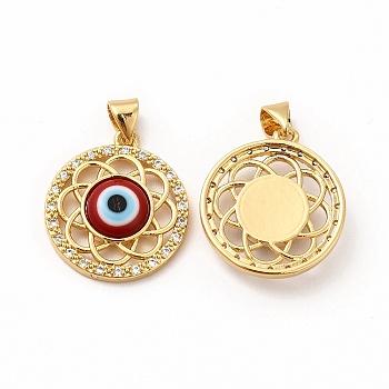 Rack Plating Brass Micro Pave Clear Cubic Zirconia Pendants, with Handmade Evil Eye Lampwork, Cadmium Free & Lead Free, Long-Lasting Real 18K Gold Plated, Flat Round with Flower Charm, FireBrick, 21.5x19x4.5mm, Hole: 4.5x3.5mm
