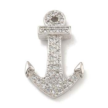 Brass Micro Pave Clear Cubic Zirconia Pendants, Anchor Charms, Platinum, 27x17.5x5mm, Hole: 1mm