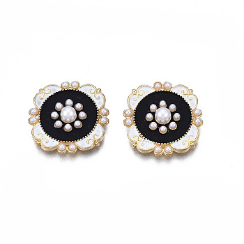 Alloy Enamel Cabochons, with ABS Plastic Imitation Pearl, Cadmium Free & Lead Free, Rhombus with Flower, Black, 18.5x18.5x4mm, Side Length: 17.5mm