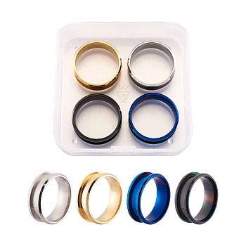Stainless Steel Grooved Finger Ring Settings, Ring Core Blank, for Inlay Ring Jewelry Making, Mixed Color, Size 10, 20mm, 7.5mm, 4pcs/box