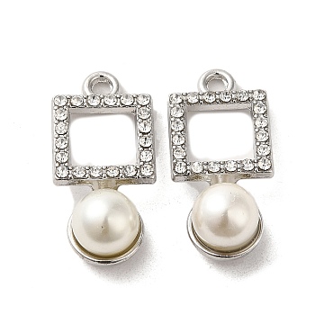 Alloy with Rhinestone Pendants, with ABS Imitation Pearl, Square Charms, Platinum, 25x12x9mm, Hole: 2mm