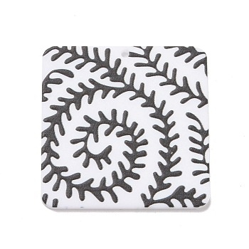 3D Printed Acrylic Pendants, Black and White, Square, Branch Pattern, 34.5x34.5x2mm, Hole: 1.4mm