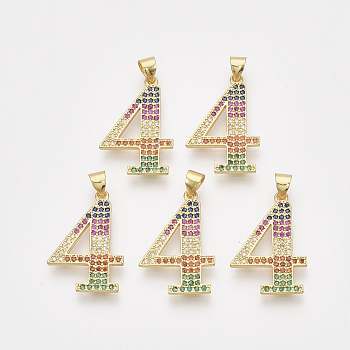 Brass Cubic Zirconia Pendants, Real 14K Gold Plated, Colorful, Number, Num.4, 24x16x1.5mm, Hole: 4x3mm