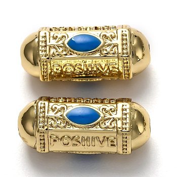 Brass Enamel Beads, Long-Lasting Plated, Real 18K Gold Plated, Oval & Word, Blue, 19x9x9mm, Hole: 2mm