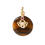 Natural Tiger Eye Pendants, Donut/Pi Disc Charms, with Brass Micro Pave Cubic Zirconia and Plastic Imitation Pearl Findings, Golden, 19x15x10mm, Hole: 3.5mm(KK-D262-04G)