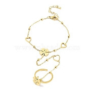Ion Plating(IP) 304 Stainless Steel Ring Bracelets, Clover & Heart Shell Link Chain Bracelet with Open Cuff Rings, Golden, 6-3/4 inch(17cm)(BJEW-H606-09A-G)