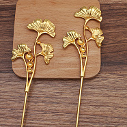 Iron Hair Stick Findings, with Alloy Cabochons Setting, Leaf, Golden, 120x2.5mm, Tray: 6mm and 8mm and 10mm(OHAR-PW0001-299G)