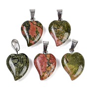 Natural Unakite Heart Pendants, Love Heart Charms with 304 Stainless Steel Snap on Bails, Stainless Steel Color, 22.5x15.5x6mm, Hole: 6x3.5mm(G-H073-03P-10)