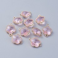 Glass Links connectors, with Eco-Friendly Alloy Open Back Berzel Findings, Flower, Light Gold, Pink, 15.5x12x5mm, Hole: 1.4mm(X-GLAA-A037-A-09KC)