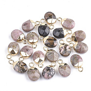 Electroplate Natural Rhodonite Charms, with Iron Findings, Faceted, Oval, Golden, 14~15x8x5~5.5mm, Hole: 1.8mm(G-S344-09B)