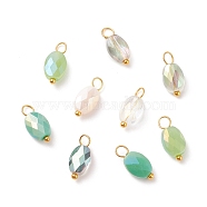 Electroplate Glass Pendants, with Golden Plated Brass Loops, Faceted, Oval, Yellow Green, 13~14x6~6.5x4~4.5mm, Hole: 2~3mm(PALLOY-JF01541-05)