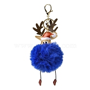 Imitation Rex Rabbit Fur & PU Leather Christmas Reindeer Pendant Keychain, with Alloy Clasp, for Bag Car Pendant Decoration, Dark Blue, 21.2cm(KEYC-K018-03KCG-03)