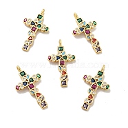 Cross Brass Micro Pave Colorful Cubic Zirconia Pendants, Cadmium Free & Nickel Free & Lead Free, Real 18K Gold Plated, 32x18x2mm, Hole: 2.6x3.3mm(KK-G419-17G)