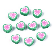 Handmade Polymer Clay Beads, Heart with Flower Pattern, Medium Sea Green, 9x9~10x4~5mm, Hole: 1.5mm(CLAY-N011-013A)