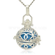 Silver Color Plated Brass Hollow Round Cage Pendants, with No Hole Spray Painted Brass Ball Beads, Deep Sky Blue, 31x27x22mm, Hole: 3x8mm(KK-J240-02S)