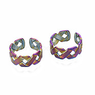 Ribbon Braided Shape Cuff Rings, Textured Hollow Wide Open Rings, Rainbow Color 304 Stainless Steel Rings for Women, US Size 8 3/4(18.7mm)(RJEW-N038-019)