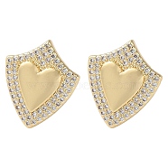 Rack Plating Brass Micro Pave Cubic Zirconia Stud Earrings, Heart Shield, Real 16K Gold Plated, 17x14mm(EJEW-M230-17G)