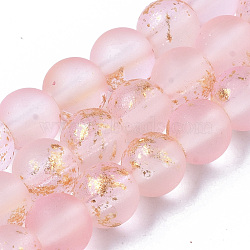 Frosted Spray Painted Glass Beads Strands, with Golden Foil, Round, Pink, 6~7mm, Hole: 1.2~1.5mm, about 65~67pcs/Strand, 14.76 inch~15.12 inch(37.5~38.4cm)(GLAA-N035-03B-C06)