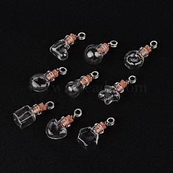 Mixed Shapes Glass Wishing Bottle European Dangle Charms, with Alloy Tube Bails and Iron Findings, Antique Silver, 44~46mm, Hole: 4.5mm, Bottle Capacity: 1~10ml(0.03~0.33 fl. oz).(PALLOY-JF00162)