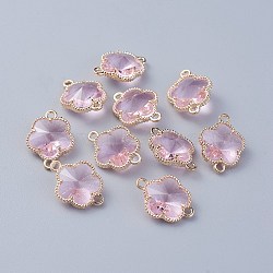 Glass Links connectors, with Eco-Friendly Alloy Open Back Berzel Findings, Flower, Light Gold, Pink, 15.5x12x5mm, Hole: 1.4mm(X-GLAA-A037-A-09KC)