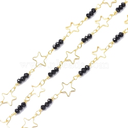 Brass & Glass Beads Beaded Chain, Long-Lasting Plated, Star, Soldered, with Spool, Golden, 8~15.5x3~8x1~3mm, about 10.93 yards(10m)/roll(CHC-D029-23G)