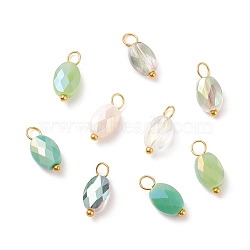 Electroplate Glass Pendants, with Golden Plated Brass Loops, Faceted, Oval, Yellow Green, 13~14x6~6.5x4~4.5mm, Hole: 2~3mm(PALLOY-JF01541-05)