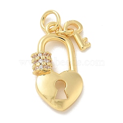 Brass Micro Pave Cubic Zirconia Pendants, Love Lock with Key Charms, with Jump Ring, Real 18K Gold Plated, 20x10x4mm, Hole: 3mm(KK-B124-01G)