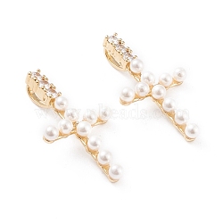 Brass Micro Pave Cubic Zirconia Pendants, with Shell Pearl Beads, Long-Lasting Plated, Cross, Clear, Real 18K Gold Plated, 42x24x10mm, Hole: 3x8mm(KK-F814-10G)