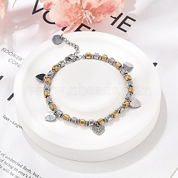 Punk Style 304 Stainless Steel Column Link Charm Bracelets for Women, Heart, with Cubic Zirconia, Real Gold Plated & Stainless Steel Color, 6-3/4 inch(17cm)(BJEW-C089-14GP)