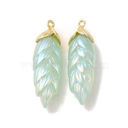Rainbow Iridescent Plating Resin Pendants, Glitter Leaf Charms with Golden Plated Alloy Findings, Aquamarine, 35x11x8mm, Hole: 1.6mm(RESI-C047-03D-G)