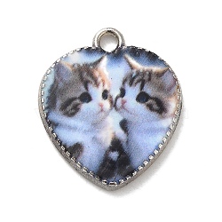 Alloy Pendant, Heart with Cat, Platinum, White, 21x18x2.5mm, Hole: 2mm(FIND-H045-08P-02)