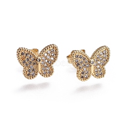 Brass Micro Pave Cubic Zirconia Stud Earrings, Butterfly, Golden, Clear, 9x11.7x1.7mm, Pin: 0.7mm(EJEW-L224-30G)