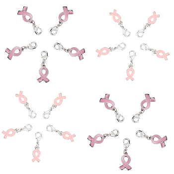 October Breast Cancer Pink Awareness Ribbon Alloy Enamel Pendants, with Rhinestone and Alloy Lobster Claw Clasps, Pink, 20pcs