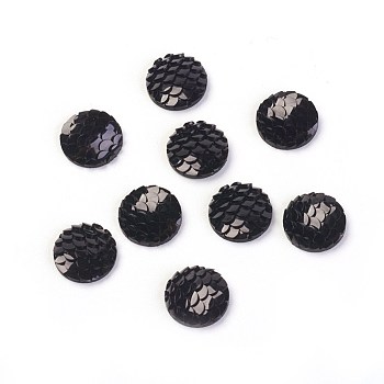 Resin Cabochons, Flat Round with Mermaid Fish Scale, Black, 12x3mm