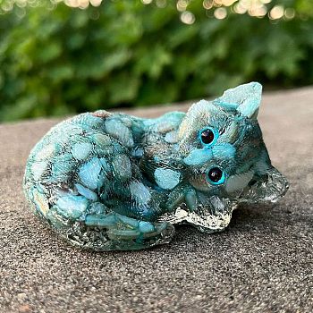 Resin Sleeping Cat Display Decoration, with Natural Amazonite Chips inside Statues for Home Office Decorations, 75x52x40mm