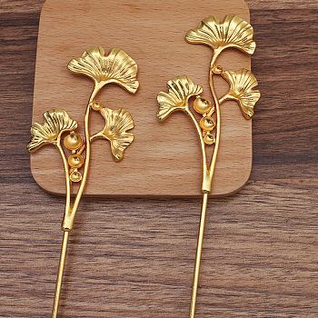 Iron Hair Stick Findings, with Alloy Cabochons Setting, Leaf, Golden, 120x2.5mm, Tray: 6mm and 8mm and 10mm