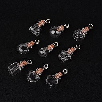 Mixed Shapes Glass Wishing Bottle European Dangle Charms, with Alloy Tube Bails and Iron Findings, Antique Silver, 44~46mm, Hole: 4.5mm, Bottle Capacity: 1~10ml(0.03~0.33 fl. oz).