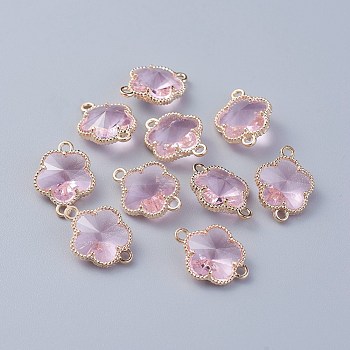 Glass Links connectors, with Eco-Friendly Alloy Open Back Berzel Findings, Flower, Light Gold, Pink, 15.5x12x5mm, Hole: 1.4mm