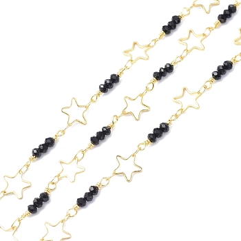 Brass & Glass Beads Beaded Chain, Long-Lasting Plated, Star, Soldered, with Spool, Golden, 8~15.5x3~8x1~3mm, about 10.93 yards(10m)/roll