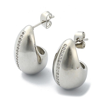 Teardrop Brass Micro Pave Cubic Zirconia Stud Earrings, Half Hoop Earrings, Long-Lasting Plated, Platinum, 22x14mm