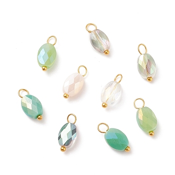 Electroplate Glass Pendants, with Golden Plated Brass Loops, Faceted, Oval, Yellow Green, 13~14x6~6.5x4~4.5mm, Hole: 2~3mm