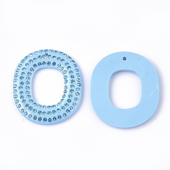 Acrylic Pendants, with Rhinestone, Oval, Light Sky Blue, Aquamarine, 41x36x4mm, Hole: 1.5mm