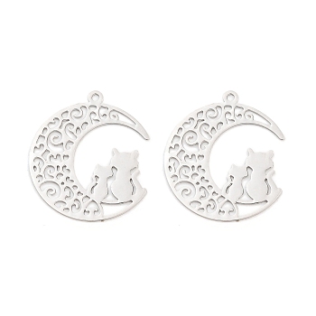 Long-Lasting Plated Brass Pendants, Cat with Moon, Platinum, 21x19x0.3mm, Hole: 1mm