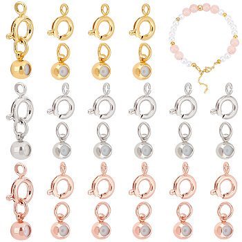 Elite 30 Sets 3 Colors Brass Spring Ring Clasps and Silicone Beads, Stopper Beads, Mixed Color, 17x7.5mm, 10 sets/color