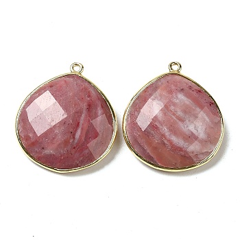 Natural Rhodonite Pendants, with Golden Brass Edge, Faceted, Undyed, Teardrop, 28x25x6mm, Hole: 1.6mm