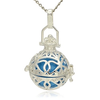Silver Color Plated Brass Hollow Round Cage Pendants, with No Hole Spray Painted Brass Ball Beads, Deep Sky Blue, 31x27x22mm, Hole: 3x8mm