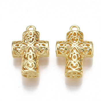 Brass Pendants, Hollow, Cross, Nickel Free, Real 18K Gold Plated, 20.5x13x6mm, Hole: 1.8mm