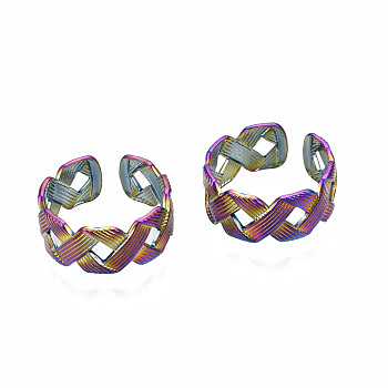 Ribbon Braided Shape Cuff Rings, Textured Hollow Wide Open Rings, Rainbow Color 304 Stainless Steel Rings for Women, US Size 8 3/4(18.7mm)